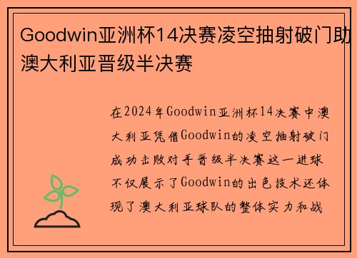 Goodwin亚洲杯14决赛凌空抽射破门助澳大利亚晋级半决赛