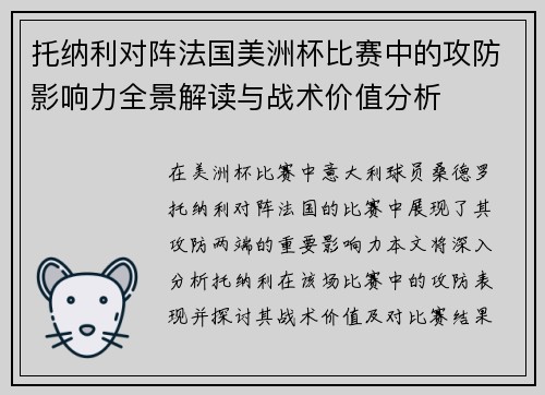 托纳利对阵法国美洲杯比赛中的攻防影响力全景解读与战术价值分析